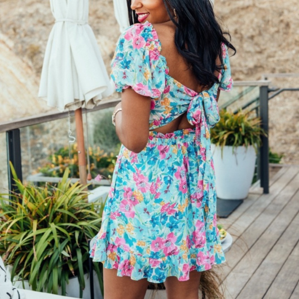 Show Me Your MuMu Turquoise Floral Mini Dress with Pink & Yellow Accents
